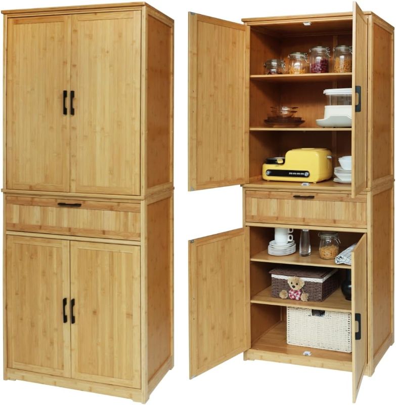 Photo 1 of 72 in. H Bamboo Kitchen Storage Pantry Cabinet Closet with Removable Shelves and Doors