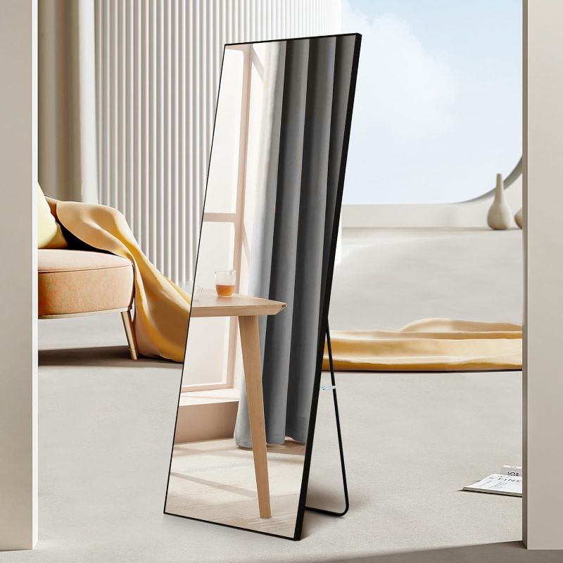 Photo 1 of  63"x20" Rectangular Full Length Mirror,Big Free Standing Body Mirror,Floor Length Mirror with Stand,Anti-Rust Aluminum Frame,Explosion-Proof Film,Long Wall Mirror for Bedroom(Black)
