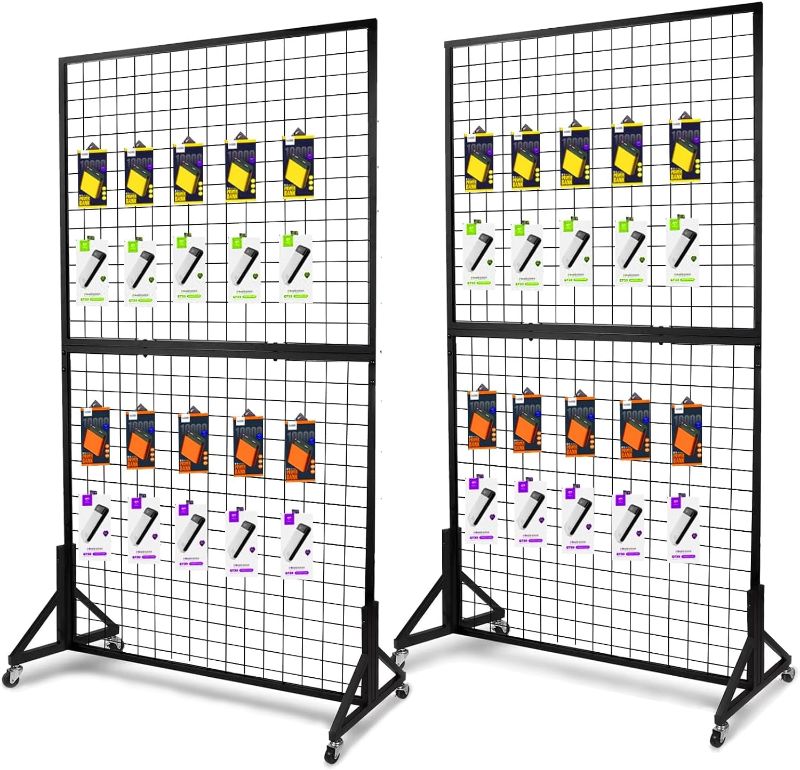 Photo 1 of 2 Packs 3'X 6' Two Gridwall Panels Display Stand with Sturdy T-Base, Black Wire Grid Wall Panels for Craft Show Display Rack, Art Display Stand, Extra More 20 Hooks
