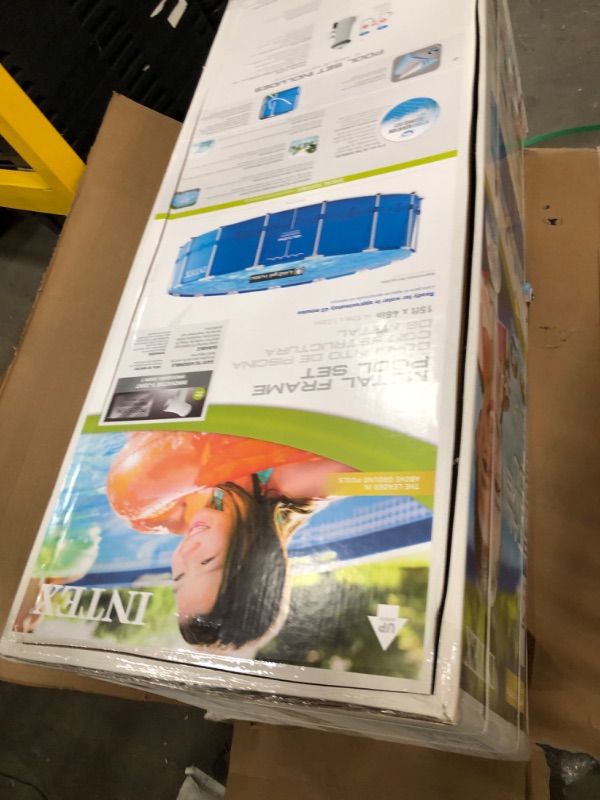 Photo 1 of INTEX 28241EH Metal Frame Above Ground Swimming Pool Set: 15ft x 48in – Includes 1000 GPH Cartridge Filter Pump – Removable Ladder – Pool Cover – Ground Cloth 15ft x 48in Metal Frame Pool