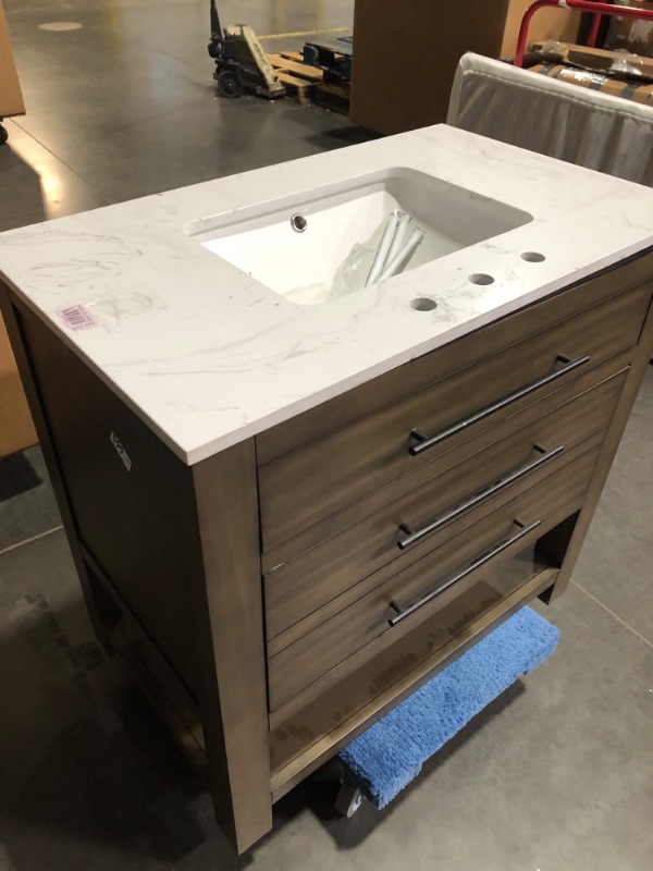 Photo 6 of allen + roth Kennilton 36-in Gray Oak Undermount Single Sink Bathroom Vanity with White Carrera Engineered Stone Top