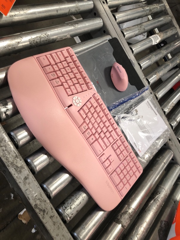 Photo 2 of MEETION Ergonomic Wireless Keyboard and Mouse, Ergo Keyboard with Vertical Mouse, Split Keyboard with Cushioned Wrist Palm Rest Natural Typing Rechargeable Full Size, Windows/Mac/Computer/Laptop, Pink Large Pink