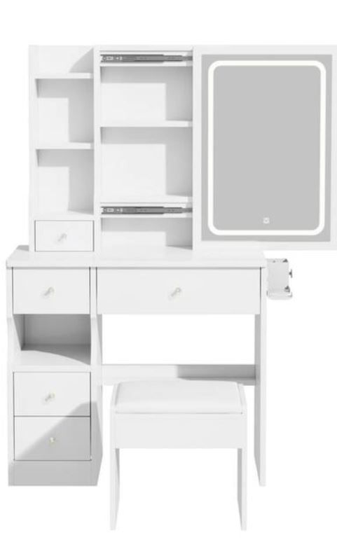 Photo 1 of 
White 4-drawer 31.5 in. W Dresser with Mirror, Left Drawer Desktop Vanity Table Plus Cushioned Stool