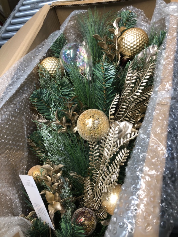 Photo 2 of HGTV Home Collection Artificial Topiary Christmas Tree, Evergreen and Bristle Branch Tips, Decorated with Golden Sprigs and Leaves, Gold Ball Ornaments, Champagne Wishes Collection, 26 Inches