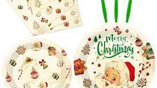 Photo 1 of 25 Guests Christmas Xmas Party Paper Plates and Napkins, Vintage Holiday Party Supplies Birthday Party Tableware Set Table Decorations Favors with Forks for Girls Boys Kids Merry Christmas