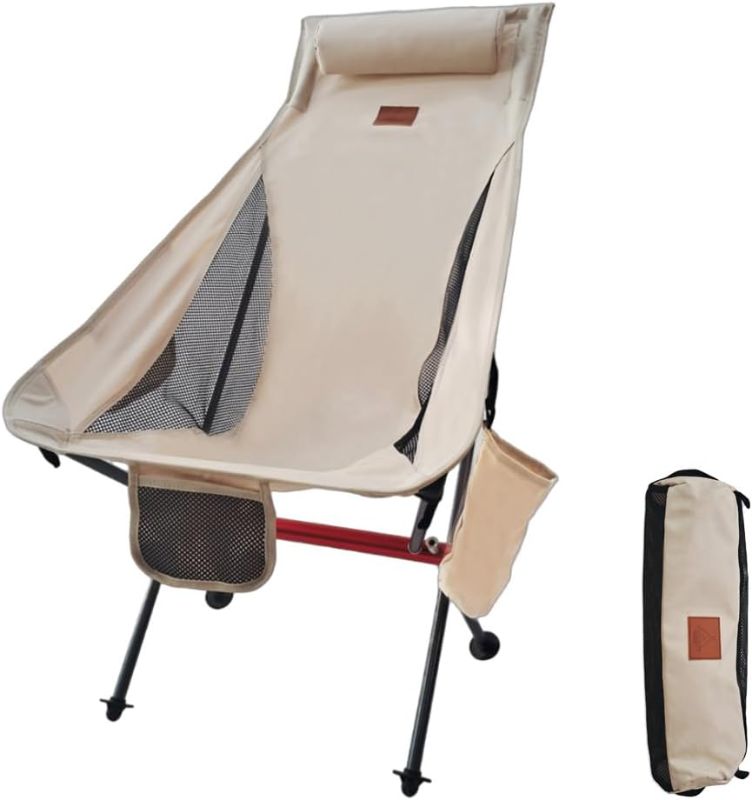 Photo 1 of   Lightweight High Back Camping Chair with Headrest, All Aluminum Frames for Adult, 3 Pockets, Mud-Resistant Feet, 900d Durable Fabric, Easy Setup, Beige
