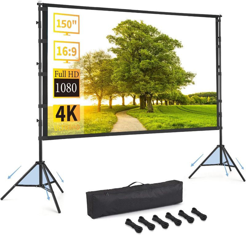 Photo 1 of Portable Projector Screen with Stand, 150 inch 16:9, Outdoor Projector Screen, Foldable, Ironable and Washable, Front and Rear Projection Screen, Idea for Home Cinema, Business, Backyard Party.