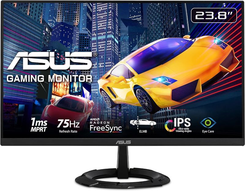 Photo 1 of ASUS 23.8” 1080P Gaming Monitor (VZ249QG1R) - Full HD, IPS, 75Hz, 1ms, Extreme Low Motion Blur, Speakers, FreeSync, Eye Care, VESA Mountable, Ultra-Slim, DisplayPort, HDMI, Tilt,Black
