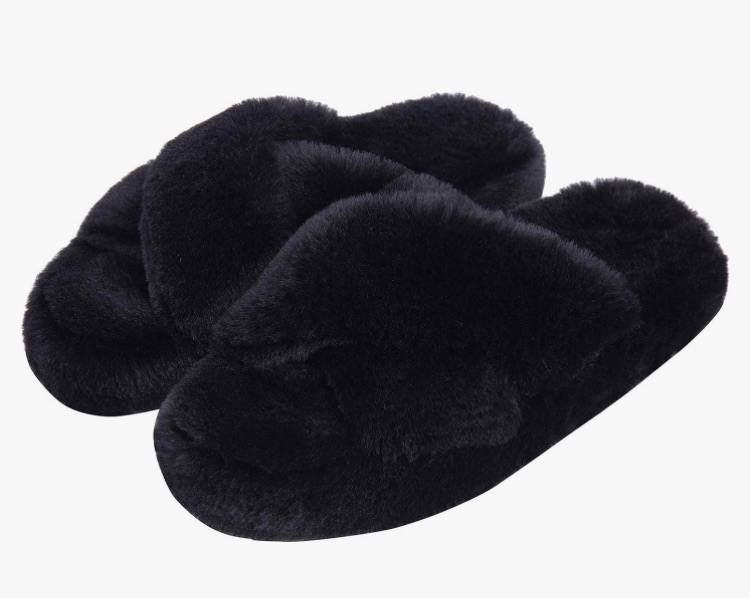 Photo 1 of DL Fluffy Womens House Slippers Cross Band Open Toe, Soft Plush Fleece Bedroom Slippers Women Memory Foam, Comfy Fuzzy Slip On Non-Slip Womens Slippers Indoor Pink Gray Black White L