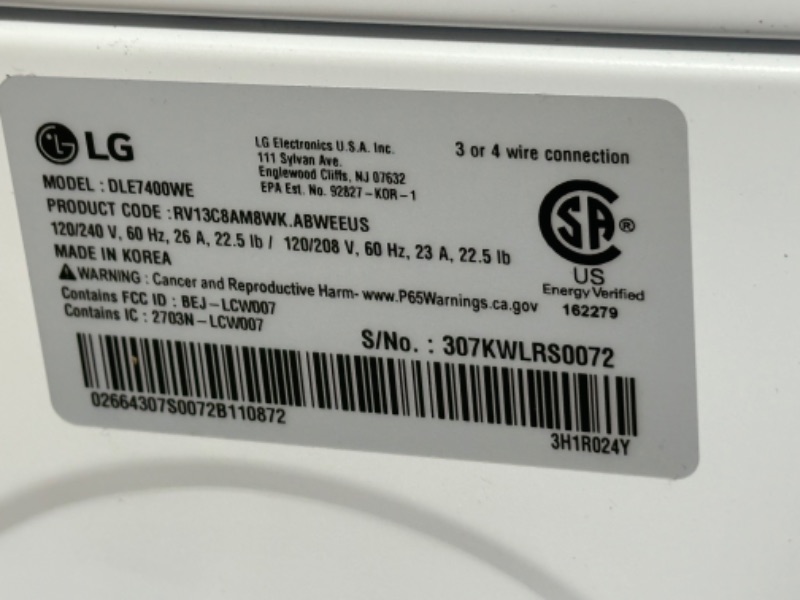 Photo 7 of **SEE NOTES**LG
7.3 cu. ft. Vented SMART Electric Dryer in White with EasyLoad Door and Sensor Dry Technology