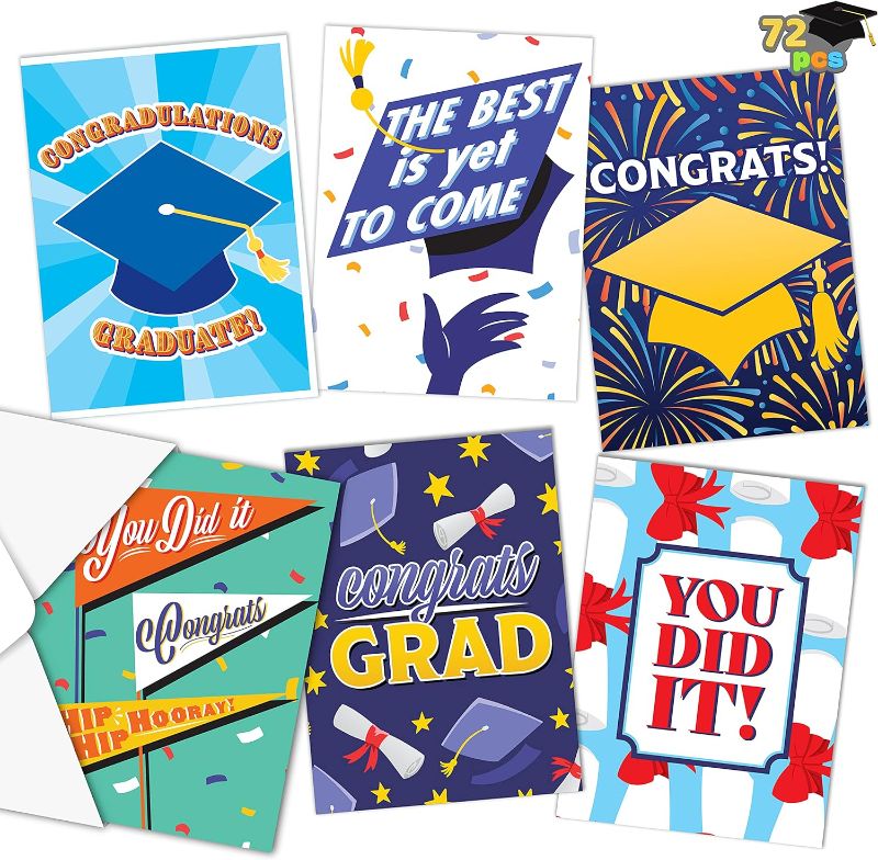 Photo 1 of JOYIN 72 Pack Graduation Cards with Envelopes (6 Designs), Congratulations Greeting Cards, Congrats Cards Bulk for College & High School Graduation Party Favors
