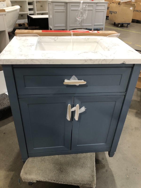 Photo 2 of allen + roth Lancashire 30-in Chambray Blue Undermount Single Sink Bathroom Vanity with White Engineered Stone Top
