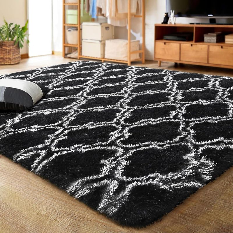 Photo 1 of 8x10 Feet Geometric Plush Fluffy Rugs, Extra Soft and Comfy Carpet, Moroccan Rugs for Bedroom Living Room Dorm Kids Nursery, Black/White