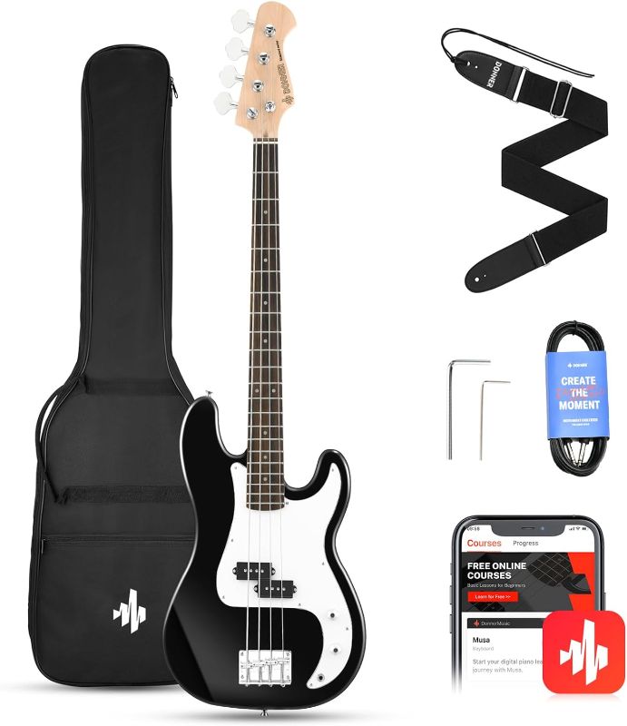 Photo 1 of Donner Electric Bass Guitar 4 Strings Full-Size Standard Bass PB-Style Beginner Kit Black for Starter with Free Online Lesson Gig Bag Guitar Strap and Guitar Cable, DPB-510D
