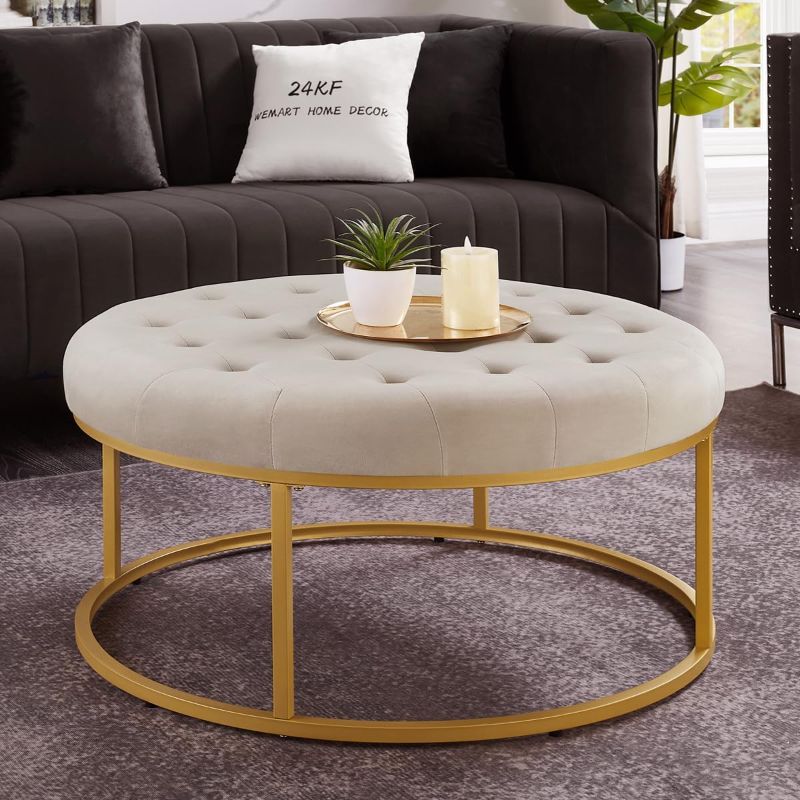 Photo 1 of 24KF Middle Century Upholstered Tufted Coffee Table with Velvet Padded Seat, Large Round Ottoman with Golden Metal Frame -5090-G-Taupe
