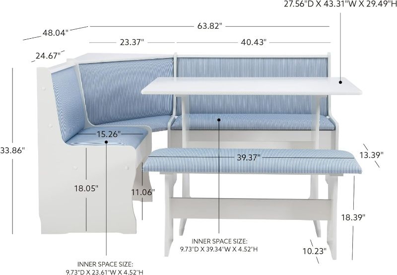 Photo 3 of (NON-REFUNDABLE) BOX 1 OF 2 Linon Upholstered Seats and Hidden Storage Kiera Kitchen Corner Dining Nook, White and Blue Stripe