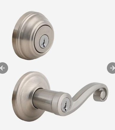 Photo 1 of * missing keys * 
Kwikset Signatures Lido Satin Nickel Single-Cylinder Deadbolt Universal Exterior Keyed Entry Door Handle with Smartkey Combo Pack
