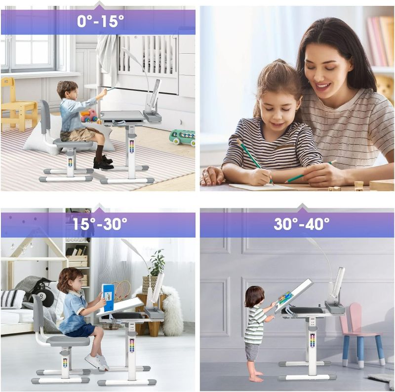 Photo 4 of (READ NOTES) BELANITAS Kids Desk and Chair Set 5-8 Year Old Height Adjustable School Desk with 40 Degree Tiltable Desk for Kids Study Desk with Light,Birthday Gift, New Year‘s Present,Grey
