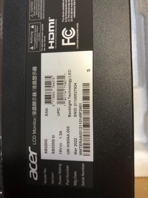 Photo 4 of Acer 21.5 Inch Full HD (1920 x 1080) IPS Ultra-Thin Zero Frame Computer Monitor (HDMI & VGA Port), SB220Q bi
