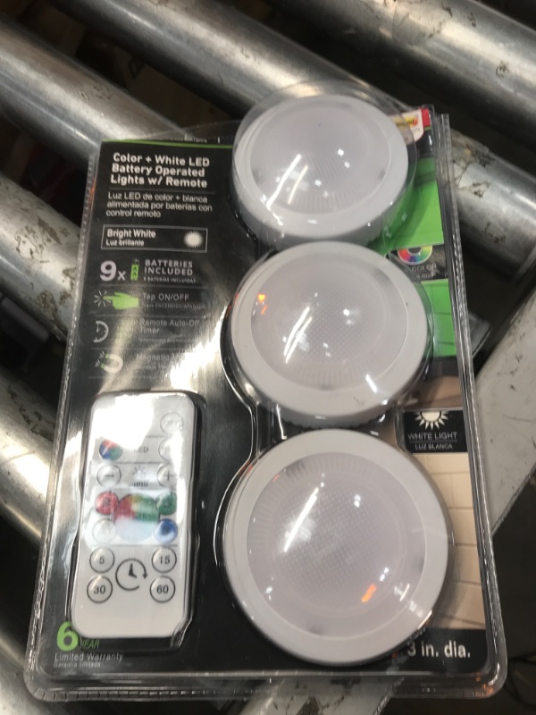 Photo 1 of Ecolight 3-Pack 3-in Battery-Operated LED Puck Light - White Finish, IR Remote with Timer, Magnetic, 40 Lumens, RGB and 4000K Color Temperature