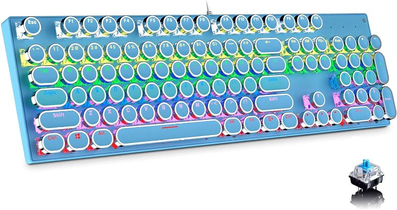 Photo 1 of Ltvystore Typewriter Style Mechanical Gaming Keyboard, Blue Retro Punk Gaming Keyboard with 9 True RGB Backlight Modes, 104 Keys Blue Switch Wired Cute Keyboard, Round Keycaps for Windows/Mac/PC 104 key blue