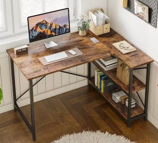 Photo 1 of 47 Inch Small L-Shaped Computer Desk with Storage Shelves Rustic Brown
