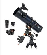 Photo 1 of Celestron - AstroMaster 130EQ Newtonian Telescope - Reflector Telescope for Beginners - Fully-Coated Glass Optics - Adjustable-Height Tripod - Bonus Astronomy Software Package & Omni 2X Barlow Lens 130EQ Newtonian Telescope