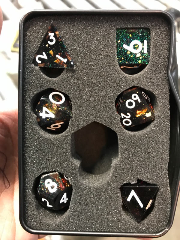 Photo 2 of ARUOHHA DND Resin Dice Set Handcrafted Sharp Edge Dice for Dungeons and Dragons Board Game, Mirror Polyhedral Dice with Beautiful Inclusions Role Playing Dice D&D Dice Set D20 D12 D10 D8 D6 D4 Black Orange