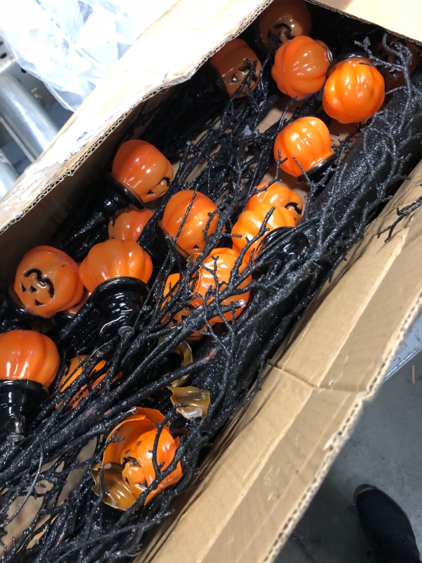 Photo 3 of 6 Ft High Prelit Halloween Tree with Timer 24 Pumpkin Lights 96 Orange LED Artificial Black Spooky Tree Halloween Outdoor Decoration Fall Indoor Yard Garden Holiday Party ( Plug in / 4 Stakes )