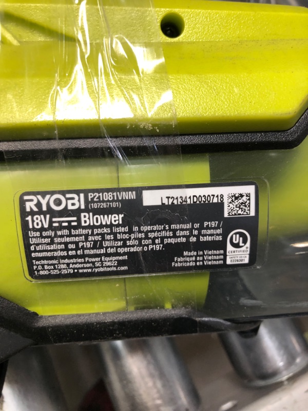 Photo 1 of **PARTS ONLY DOES NOT FUNCTION**
RYOBI ONE+ 18V 100 MPH 280 CFM Cordless Battery Variable-Speed Jet Fan (Tool Only)