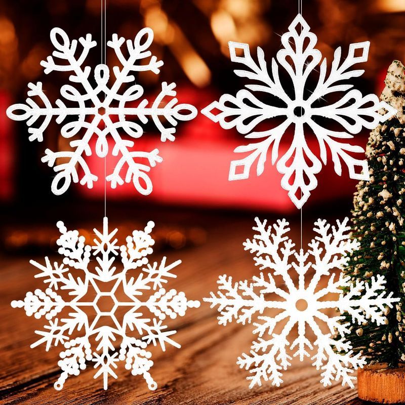 Photo 1 of 12 Inch Christmas Snowflakes Large Christmas Snowflake Ornaments Glitter Christmas Hanging Ornaments Big Christmas Snowflake Decorations for Window Decor Winter Decorations (White,36 Pcs)