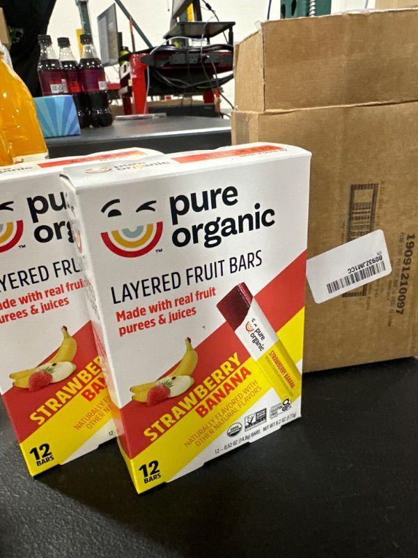 Photo 1 of 2 PACK Pure Organic Fruit Bars, Layered. Strawberry Banana - 12 pack, 0.52 oz bars EXP 12/06/2024
