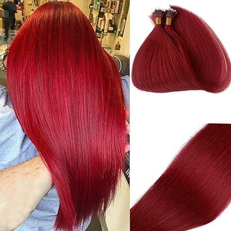 Photo 1 of Burgundy Nano Ring Hair Extensions Real Human Hair,Burgundy Silky Straight Nano Bead Hair Hair Nano Tip Human Hair Extensions Pre Bonded Tipped Hair Cold Fushion Micro Ring 50g 1g/s 16Inch #Wine Red
