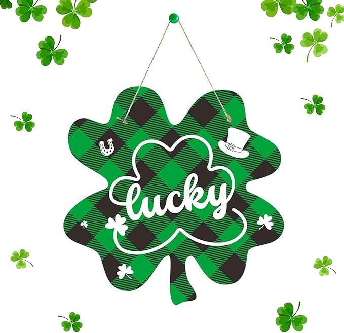 Photo 1 of St Patrick's Day Door Sign, Lucky Shamrock Wooden Hanging Sign,Happy St.Patrick's Day Sign Saint Patricks Day Decorations for Front, Porch, Door, Wall (H)
