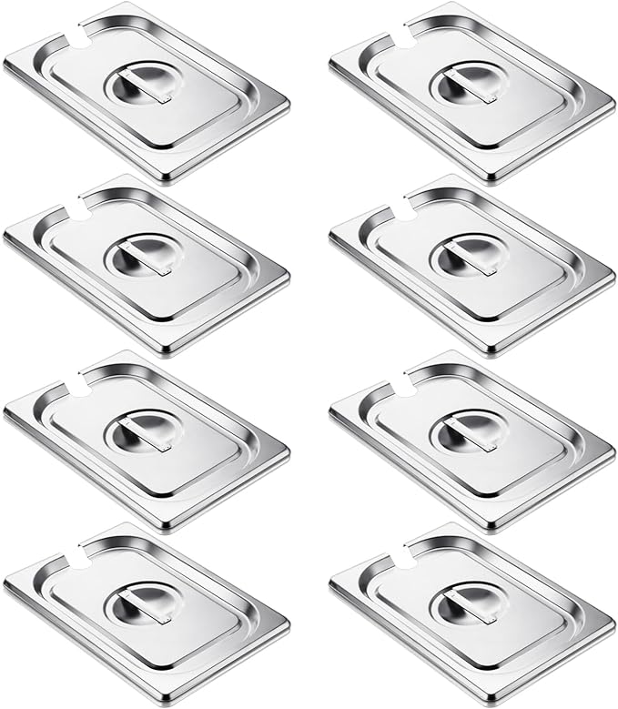 Photo 1 of Zonon 8 Pack Steam Table Pan Covers Notched Hotel Pans Lids with Handles Catering Food Pan Cover Stainless Steel Commercial Food Pan Lids for Steam Food Pans (10.4 x 6.3 Inches)
