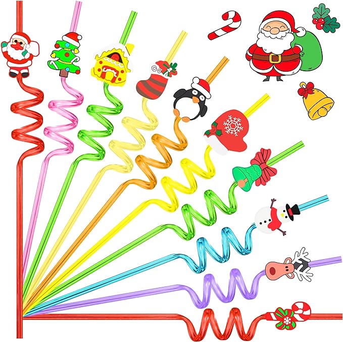 Photo 1 of 30 PCS Christmas Party Favors Drinking Straws with Cartoon Decoration Reusable Plastic Straw Birthday Christmas Party Supplies with 2 PCS Drinking Straw Cleaning Brushes, 10 Styles
