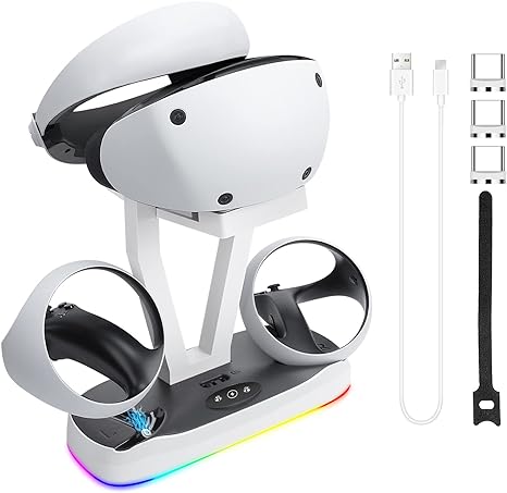 Photo 1 of Charging Station for PS VR2- Sonicgrace PSVR2 Charging Dock with VR Holder Display Stand, Fast Charger Station with RGB Light, 3 Type-C Magnetic Adapters for PS VR2 Accessories
