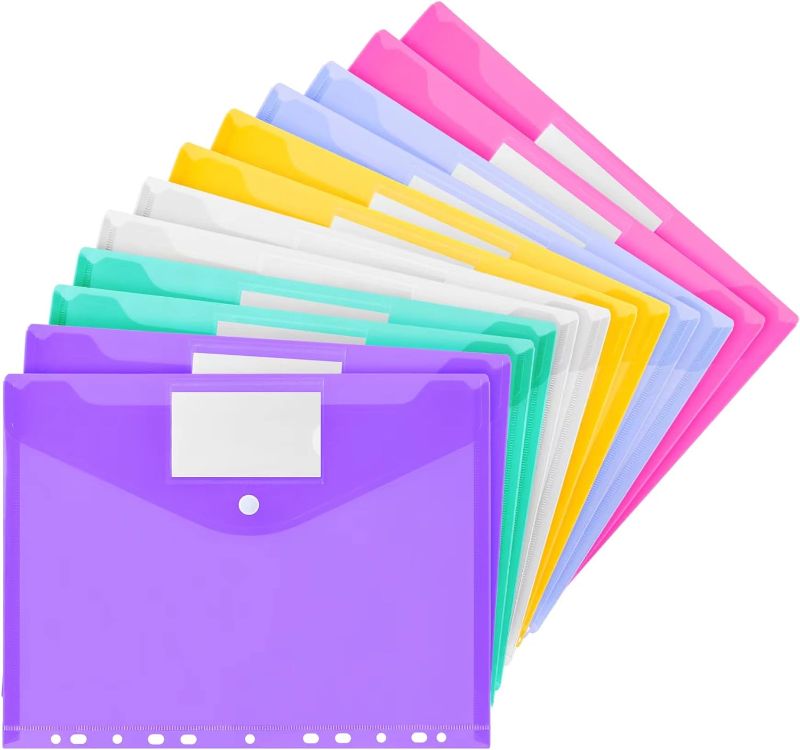 Photo 1 of 12 Pack Plastic Envelopes Binder Pocket 11 Holes Expandable Binder Folders for 2/3/4 Ring Document Pouch, Snap Button and Lable Poly Envelopes for School, Home and Office, 6 Assorted Color