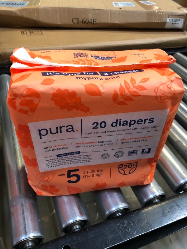 Photo 1 of Pura Size 5 Eco-Friendly Diapers (24-35lbs) Totally Chlorine Free (TCF) Hypoallergenic, Soft Organic Cotton, Sustainable Comfort, 12 Hours Leak Protection, Allergy UK,1 Pack of 20 Diapers
