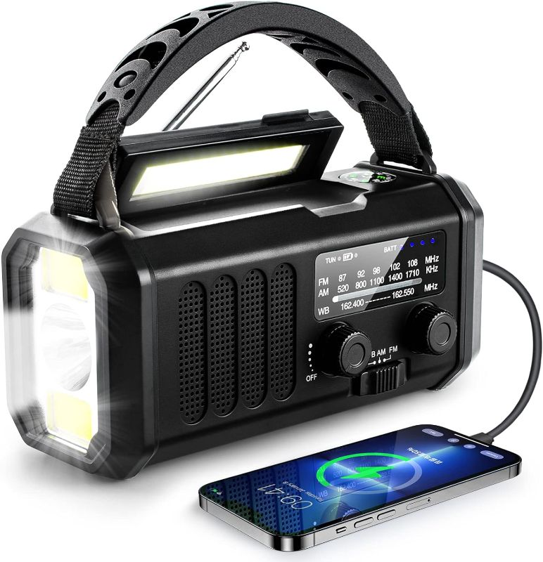 Photo 1 of 10000mAh Solar Radio, Crank Radio, Emergency Radio, NOAA/AM/FM Weather Radio, USB Type-C Charging,Dynamo Radio,Polymer Battery,Torch & LED Reading Light, SOS Alarm,Compass for Camping Black
