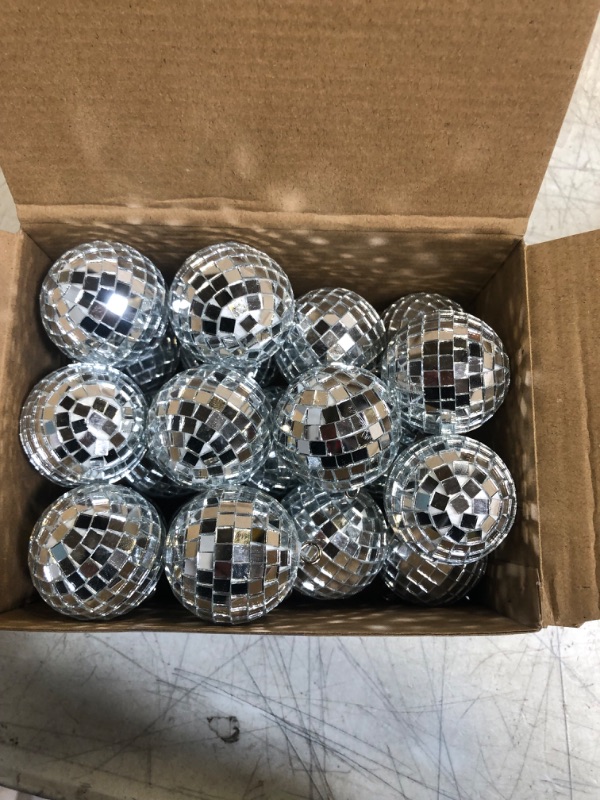Photo 2 of 20 Pcs Hanging Mirror Disco Ball Ornaments Mardi Gras Assorted Silver Mini Glass Disco Balls Decoration Different Sizes Reflective with Rope(2 Inch)