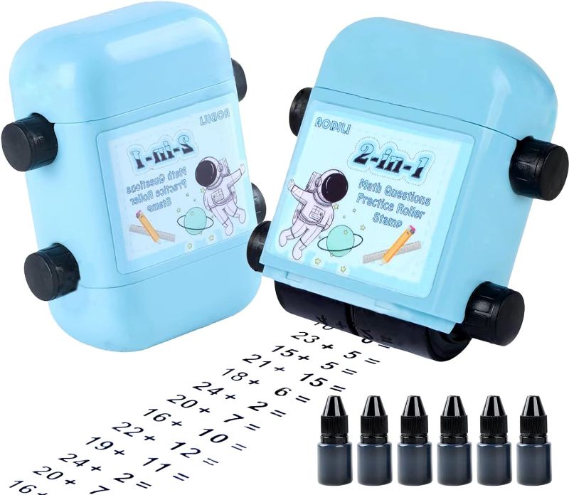 Photo 1 of 2Pack Math Roller Stamps for Kids with 6 Bottles Refills,Aodili Addit and Subtract 2 in 1 Self-Inking Digital Questions Stamp for Practice, Homework,Teacher Stamps Set(Blue)
