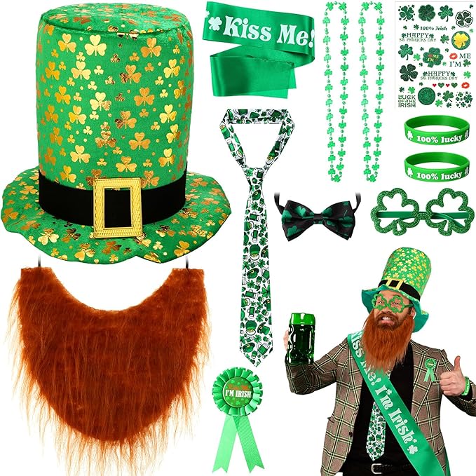 Photo 1 of 12 Pcs St. Patrick's Day Costume Accessories Set Shamrock Glitter Glasses Necklaces Bracelets Face Tattoos Tie Bow Tie Green Hat Beard Clover Shoulder Strap Badge for Irish Party Decorations
