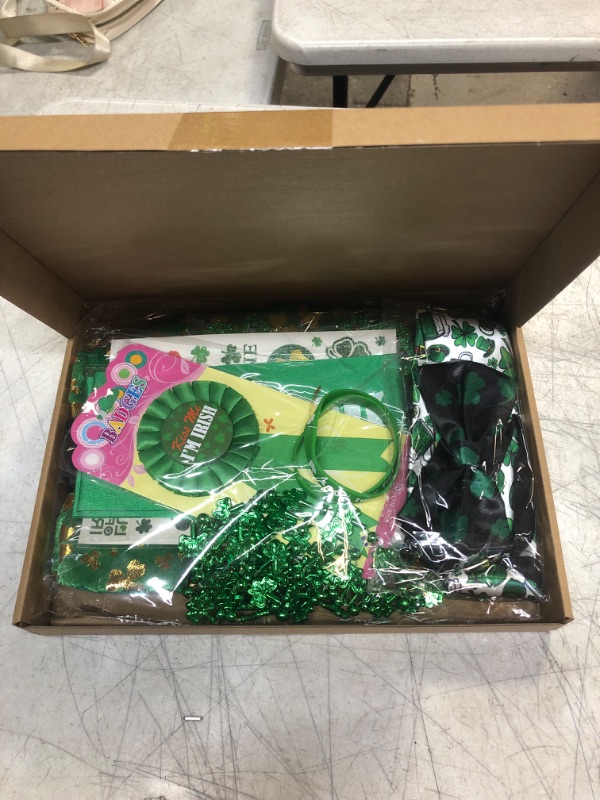 Photo 2 of 12 Pcs St. Patrick's Day Costume Accessories Set Shamrock Glitter Glasses Necklaces Bracelets Face Tattoos Tie Bow Tie Green Hat Beard Clover Shoulder Strap Badge for Irish Party Decorations
