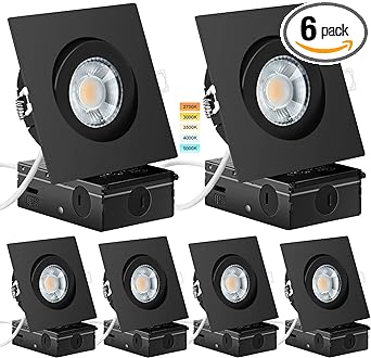 Photo 1 of Square Black Led Gimbal Lights 6 Pack, Recessed Ceiling Light with Junction Box,5CCT Selectable,9W 750LM,Dimmable Slim LED Downlight, ETL Listed
