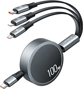 Photo 1 of CAFELE 100W 3in1 Multi Charging Cable [Travel Essential] USB C to Retractable Phone Charger, Multiple Charging Cord with Type C/Micro USB/IP for Samsung S23 S22 S21, Phone 14 13 12, Pad Pro, Mac, 4ft
