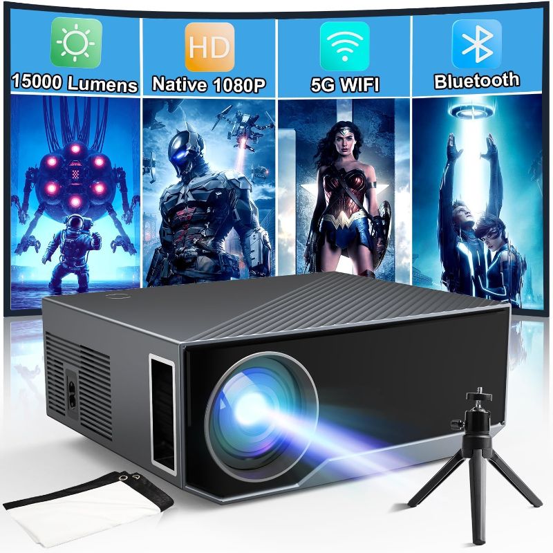Photo 1 of Projector with Wifi and Bluetooth, Native 1080P 15000 Lumens 500 ANSI 4K Mini Projector, Portable Projector Video Projector Compatible with Iphone Android Phone TV Stick (Tripod and Screen Included)
