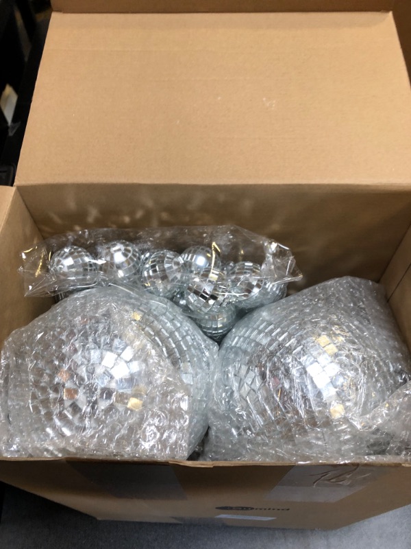 Photo 2 of 50 Pcs Disco Balls Ornaments Mini Disco Balls Silver Hanging Decorations Reflective Mirror Ball Cake Decoration 70s Disco Party Supplies for Christmas Festive (8'', 6'', 4'', 2.4'', 1.6'')