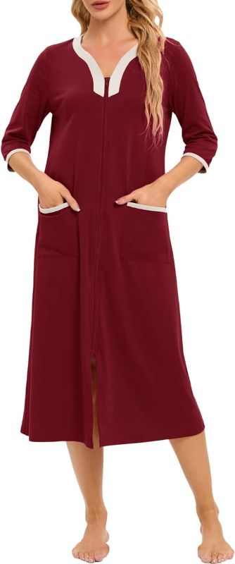 Photo 1 of Bathrobe for Women 3/4 Sleeves Zip Up Robe Loungewear Housecoat Print Sleepwear Nightgown with Pockets Medium 
