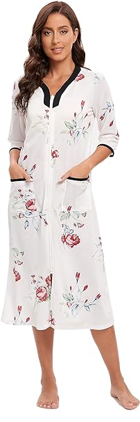 Photo 1 of Bathrobe for Women 3/4 Sleeves Zip Up Robe Loungewear Housecoat Print Sleepwear Nightgown with Pockets lARGE 